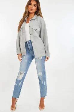 Rebellious Fashion Grey Pocket Oversized Brushed Shacket - Caley