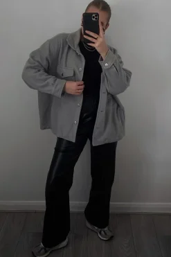 Rebellious Fashion Grey Pocket Oversized Brushed Shacket - Caley