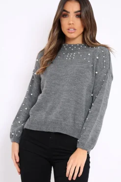 Rebellious Fashion Grey Puff Sleeve Pearl Chunky Knit Jumper - Nancie