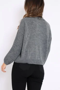 Rebellious Fashion Grey Puff Sleeve Pearl Chunky Knit Jumper - Nancie