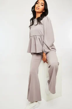 Rebellious Fashion Grey Puff Sleeve Top + Wide Leg Trouser Co-ord - Demri