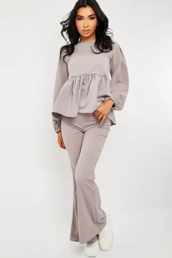 Rebellious Fashion Grey Puff Sleeve Top + Wide Leg Trouser Co-ord - Demri