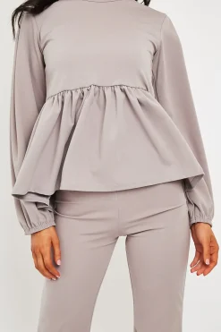 Rebellious Fashion Grey Puff Sleeve Top + Wide Leg Trouser Co-ord - Demri
