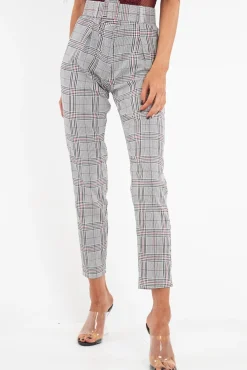 Rebellious Fashion Grey Red Tartan Belted Tailored Trousers - Celena