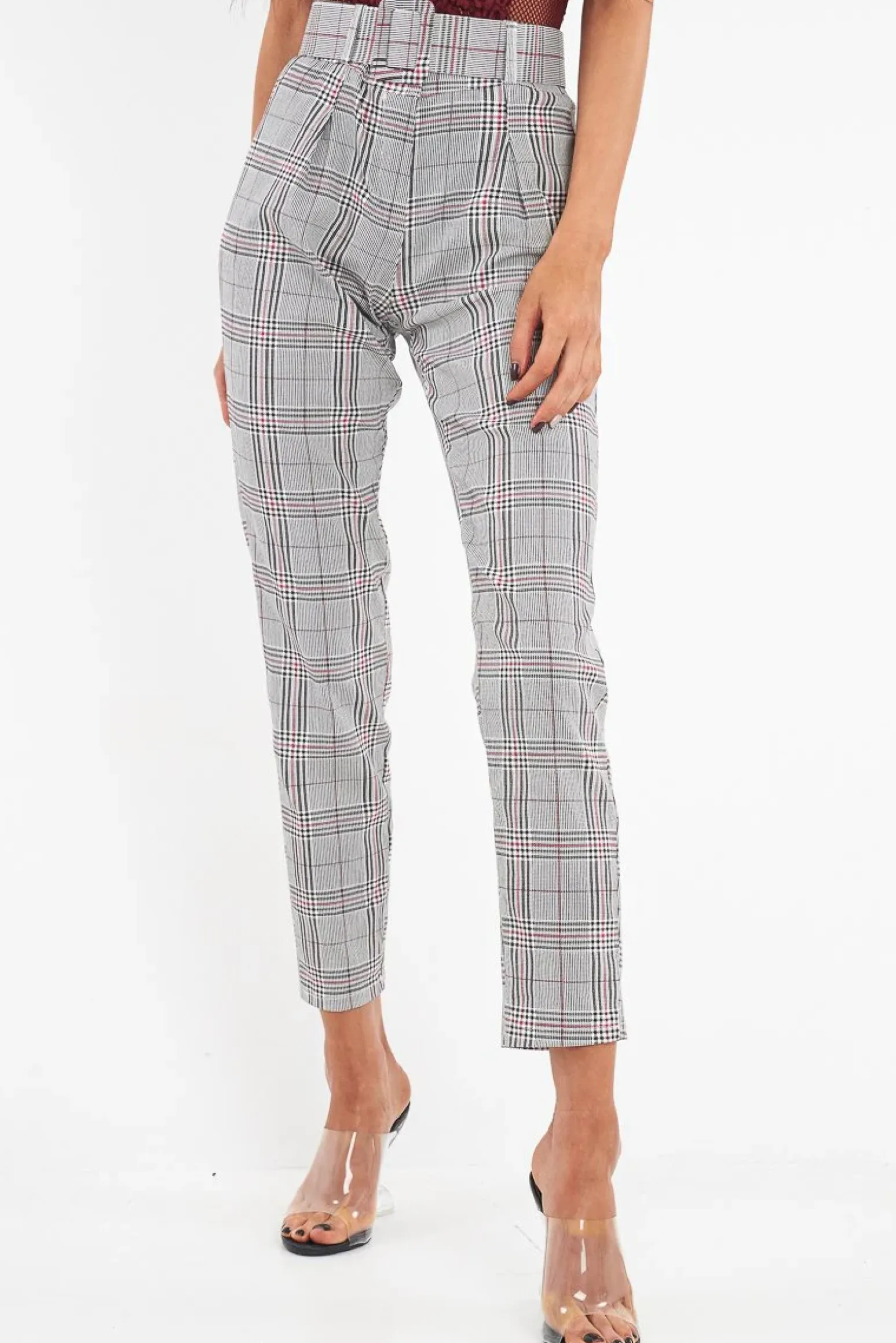 Rebellious Fashion Grey Red Tartan Belted Tailored Trousers - Celena