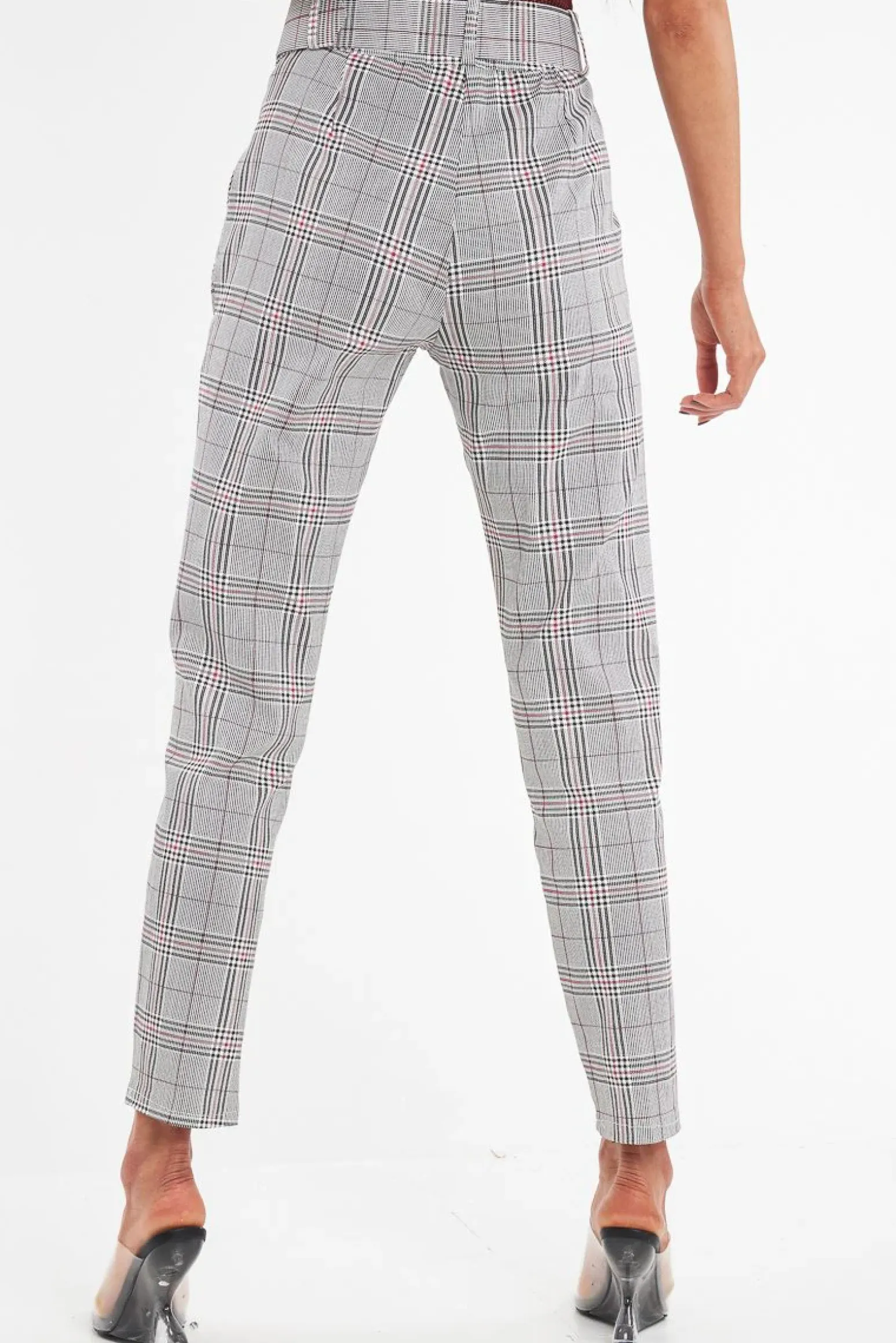 Rebellious Fashion Grey Red Tartan Belted Tailored Trousers - Celena
