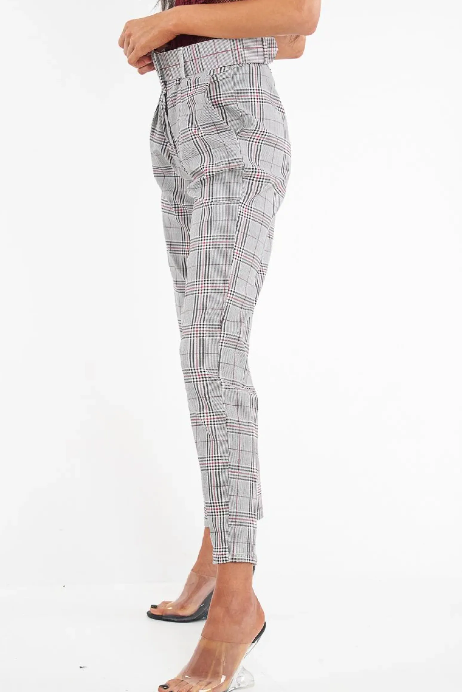 Rebellious Fashion Grey Red Tartan Belted Tailored Trousers - Celena