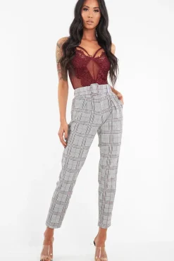 Rebellious Fashion Grey Red Tartan Belted Tailored Trousers - Celena