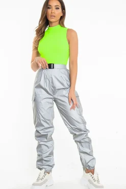 Rebellious Fashion Grey Reflective Buckle Front Cuffed Hem Joggers - Stacia