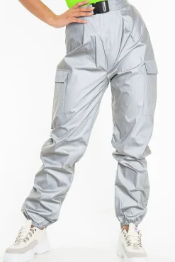 Rebellious Fashion Grey Reflective Buckle Front Cuffed Hem Joggers - Stacia