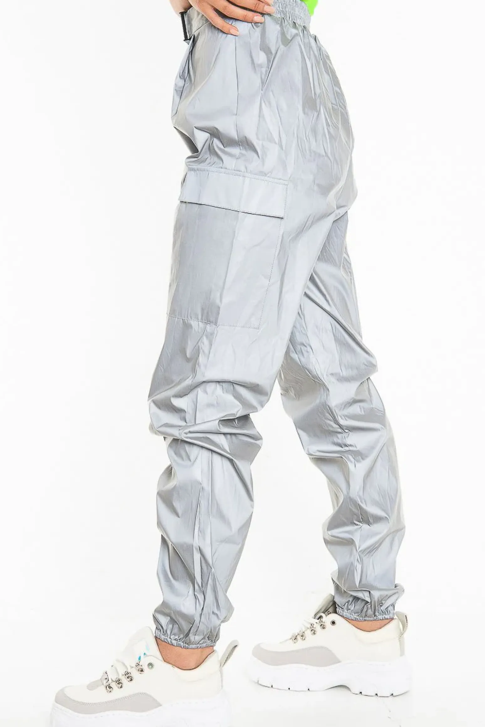 Rebellious Fashion Grey Reflective Buckle Front Cuffed Hem Joggers - Stacia