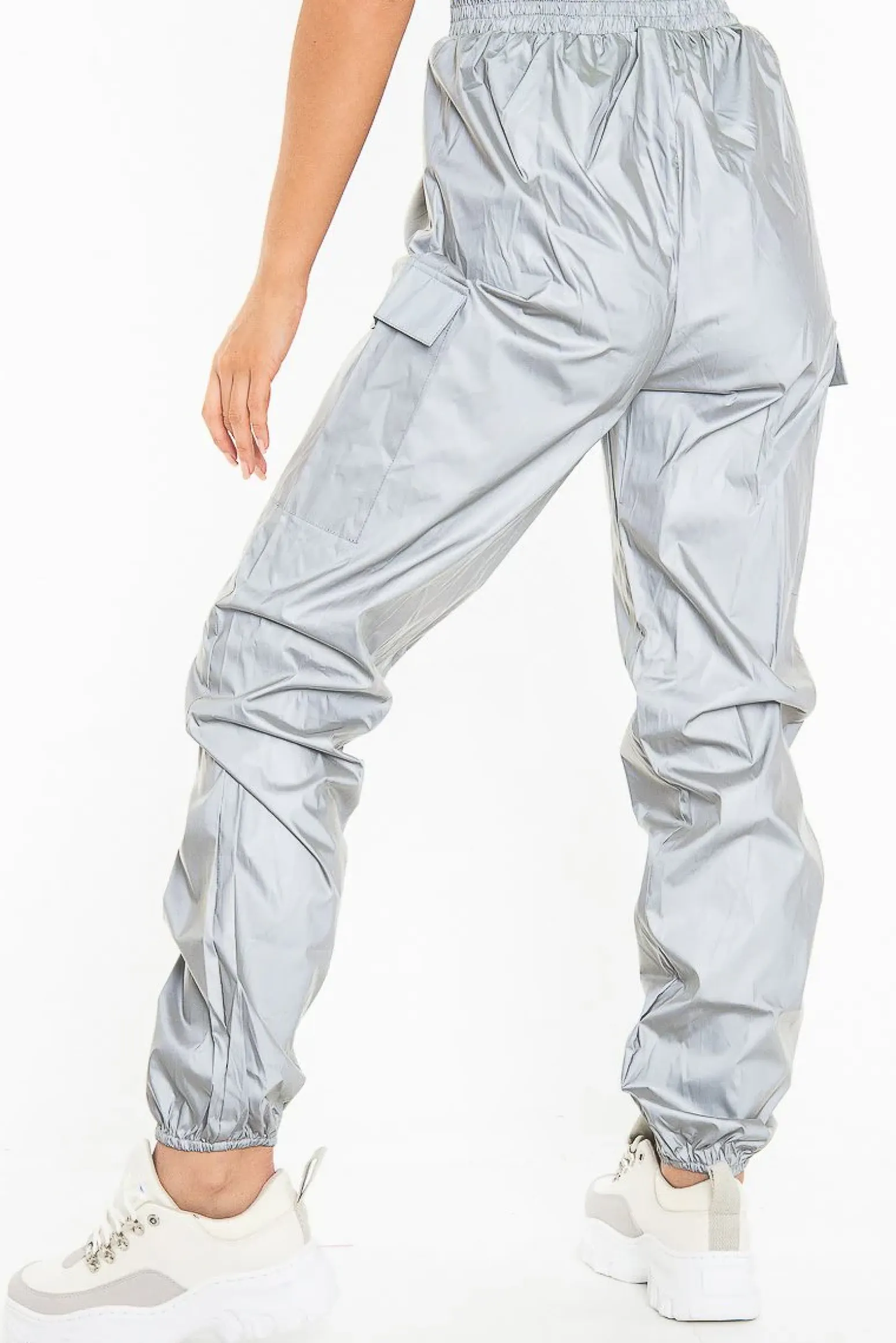 Rebellious Fashion Grey Reflective Buckle Front Cuffed Hem Joggers - Stacia