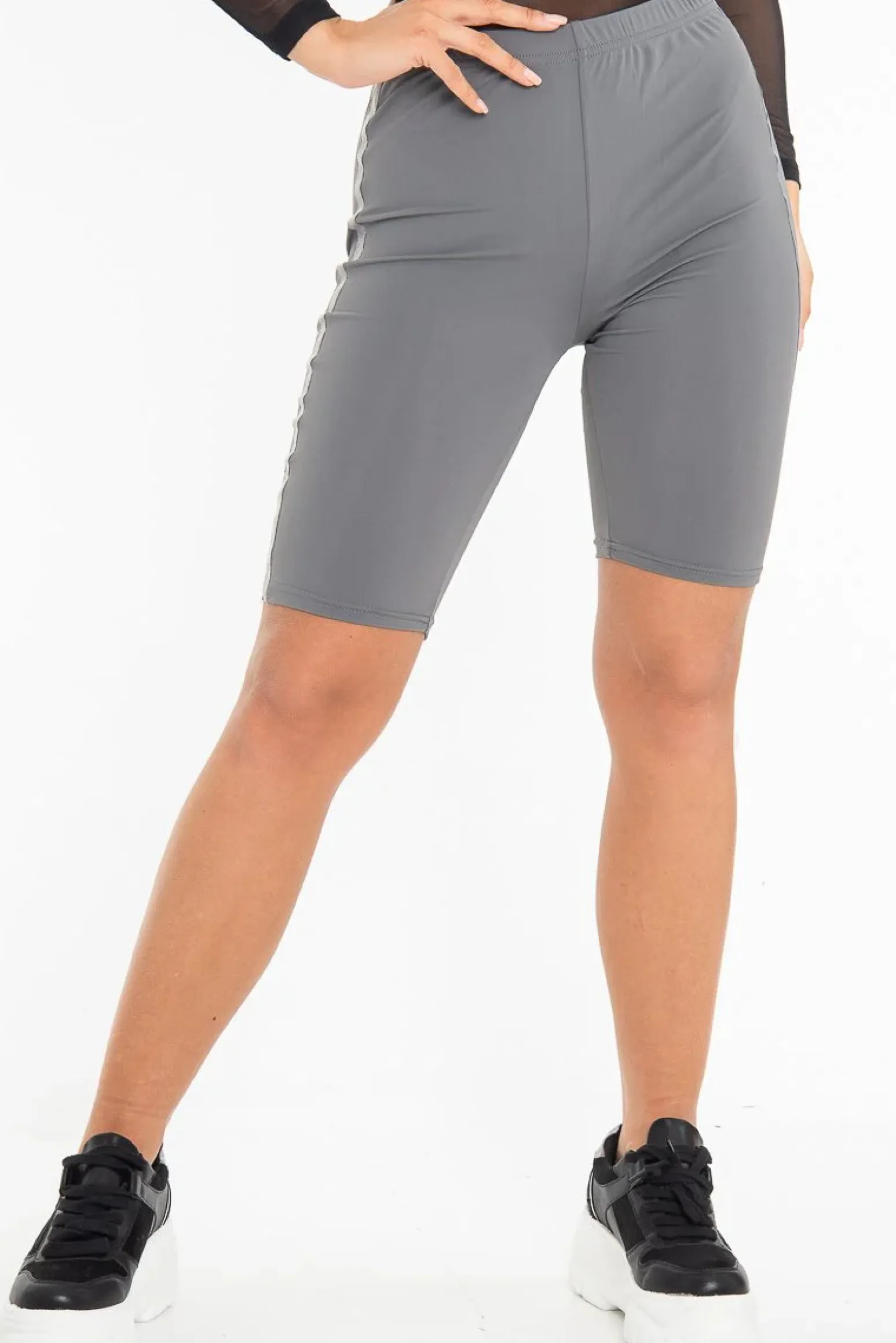 Rebellious Fashion Grey Reflective Stripe Side Cycling Shorts - Betty