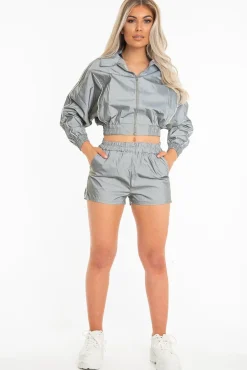 Rebellious Fashion Grey Reflective Zip Front Jacket Shorts Co-Ord - Remmi