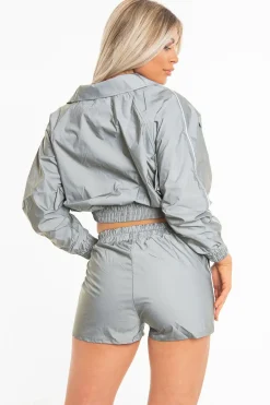 Rebellious Fashion Grey Reflective Zip Front Jacket Shorts Co-Ord - Remmi