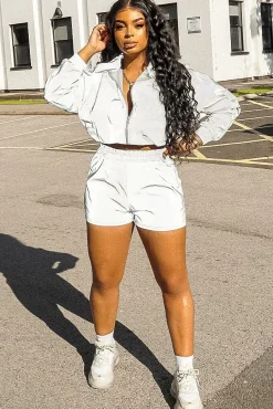 Rebellious Fashion Grey Reflective Zip Front Jacket Shorts Co-Ord - Remmi