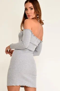 Rebellious Fashion Grey Rib Bardot Button Down Mini Dress - Janora