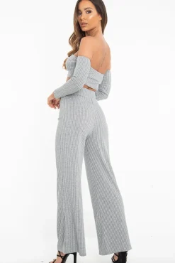 Rebellious Fashion Grey Rib Bardot Crop Top Belted Trousers Co-Ord - Cecilia
