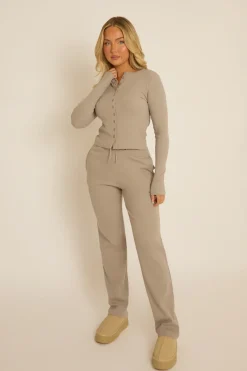 Rebellious Fashion Grey Ribbed Button Front Long Sleeve Top and Trouser Co-Ord - Giselle