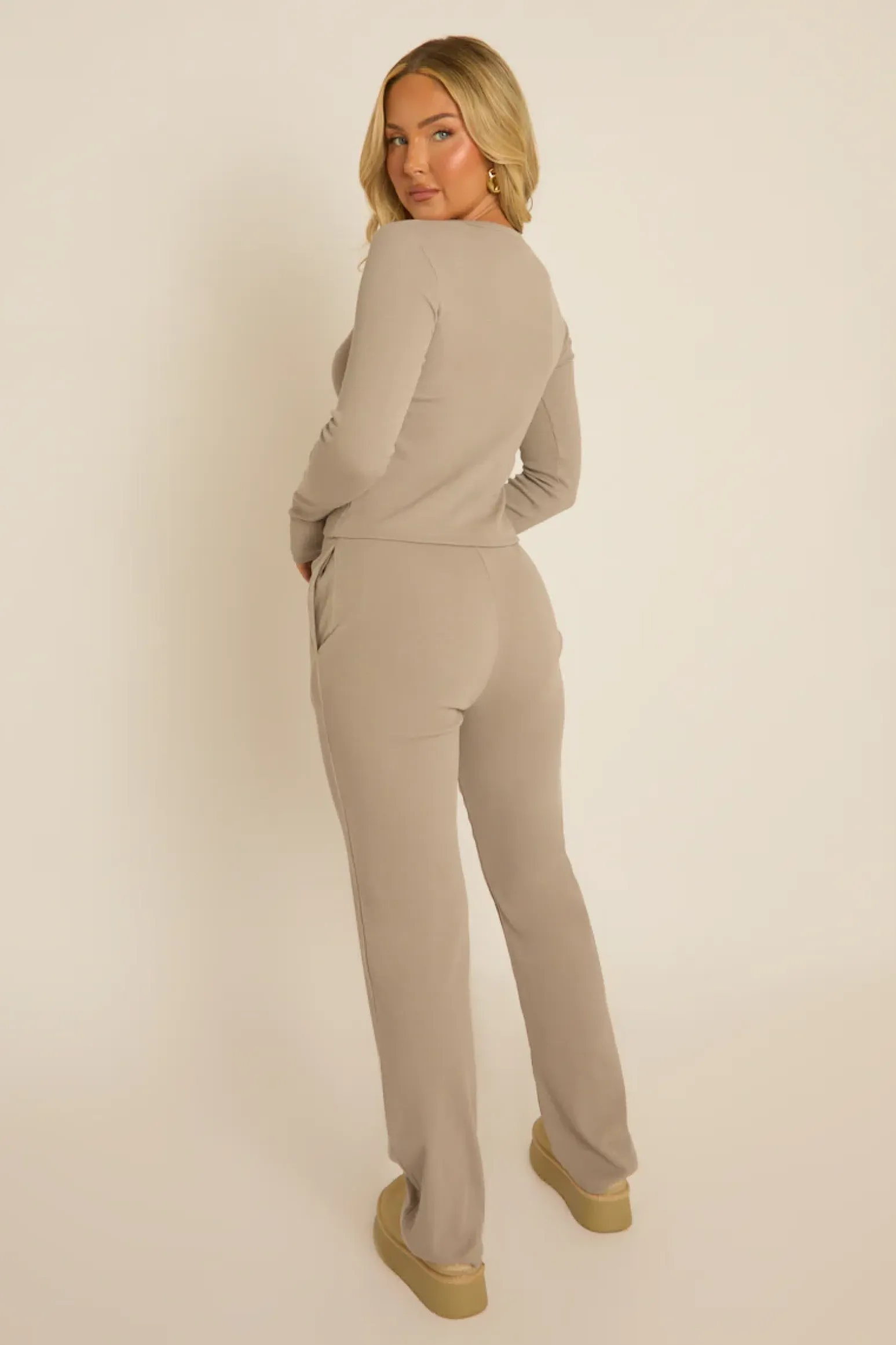 Rebellious Fashion Grey Ribbed Button Front Long Sleeve Top and Trouser Co-Ord - Giselle