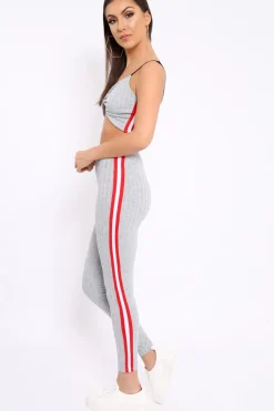 Rebellious Fashion Grey Ribbed Contrast Side Stripe Co-ord - Kaity
