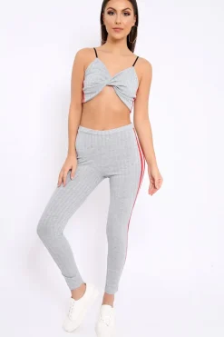 Rebellious Fashion Grey Ribbed Contrast Side Stripe Co-ord - Kaity