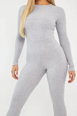 Rebellious Fashion Grey Ribbed Corset Seam Long Sleeve Jumpsuit - Poppy