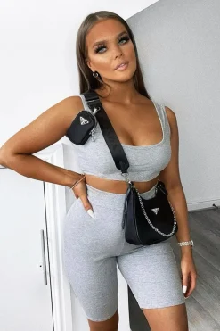 Rebellious Fashion Grey Ribbed Crop Top and Cycling Shorts Co-ord - Nina