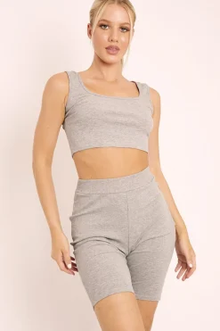 Rebellious Fashion Grey Ribbed Crop Top and Cycling Shorts Co-ord - Nina