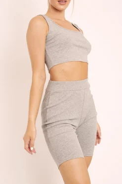 Rebellious Fashion Grey Ribbed Crop Top and Cycling Shorts Co-ord - Nina