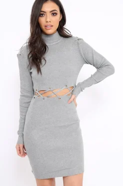 Rebellious Fashion Grey Ribbed Cut Out Lace Jumper Dress - Cierra