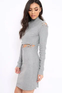 Rebellious Fashion Grey Ribbed Cut Out Lace Jumper Dress - Cierra