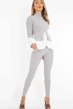 Rebellious Fashion Grey Ribbed Flared Shirt and Leggings Co-ord - Aafiya