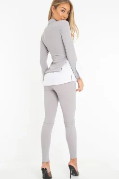 Rebellious Fashion Grey Ribbed Flared Shirt and Leggings Co-ord - Aafiya