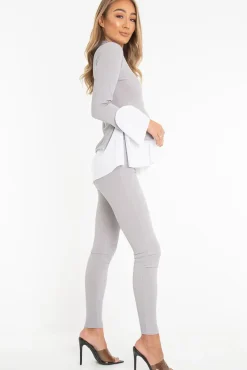 Rebellious Fashion Grey Ribbed Flared Shirt and Leggings Co-ord - Aafiya