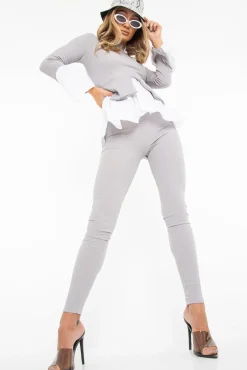 Rebellious Fashion Grey Ribbed Flared Shirt and Leggings Co-ord - Aafiya