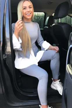 Rebellious Fashion Grey Ribbed Flared Shirt and Leggings Co-ord - Aafiya