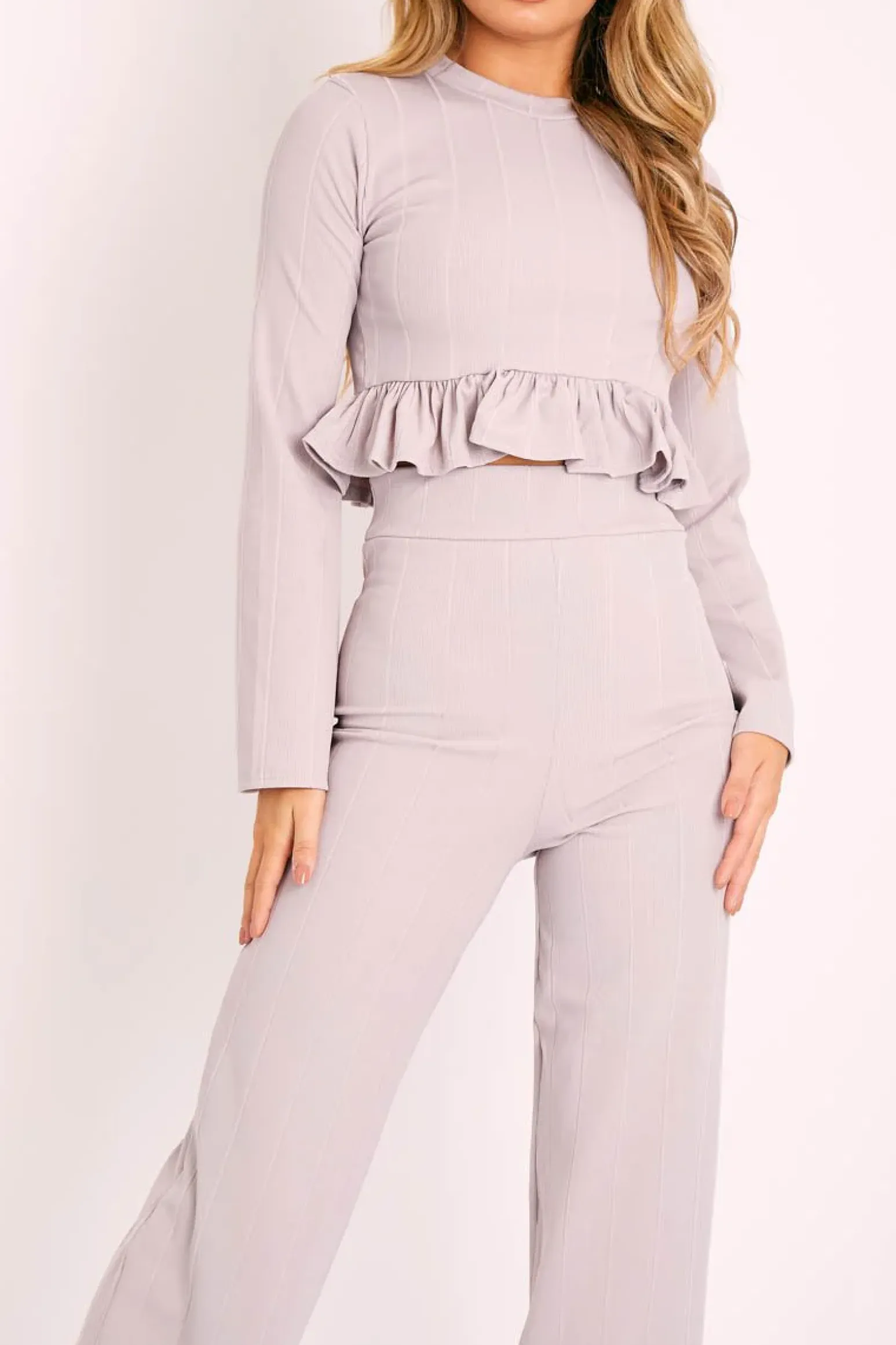 Rebellious Fashion Grey Ribbed Frill Hem Top and Wide Leg Trouser Co-ord - Blayke