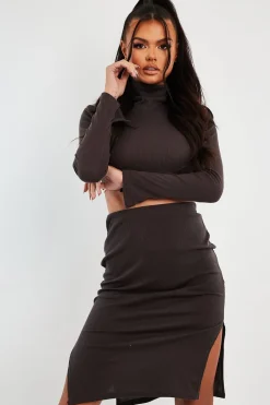 Rebellious Fashion Grey Ribbed High Neck Top Skirt Co-ord - Kaili