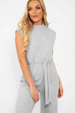 Rebellious Fashion Grey Ribbed High Neck Wide Leg Belted Jumpsuit - Rayden