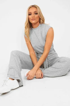 Rebellious Fashion Grey Ribbed High Neck Wide Leg Belted Jumpsuit - Rayden