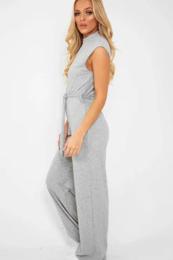 Rebellious Fashion Grey Ribbed High Neck Wide Leg Belted Jumpsuit - Rayden