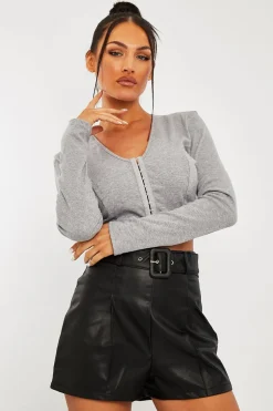Rebellious Fashion Grey Ribbed Hook Fastening Crop Top - Piper