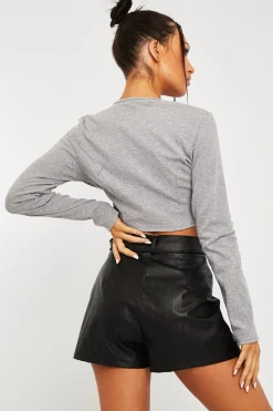 Rebellious Fashion Grey Ribbed Hook Fastening Crop Top - Piper