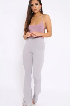 Rebellious Fashion Grey Ribbed Kick Flare Trousers - Chlo
