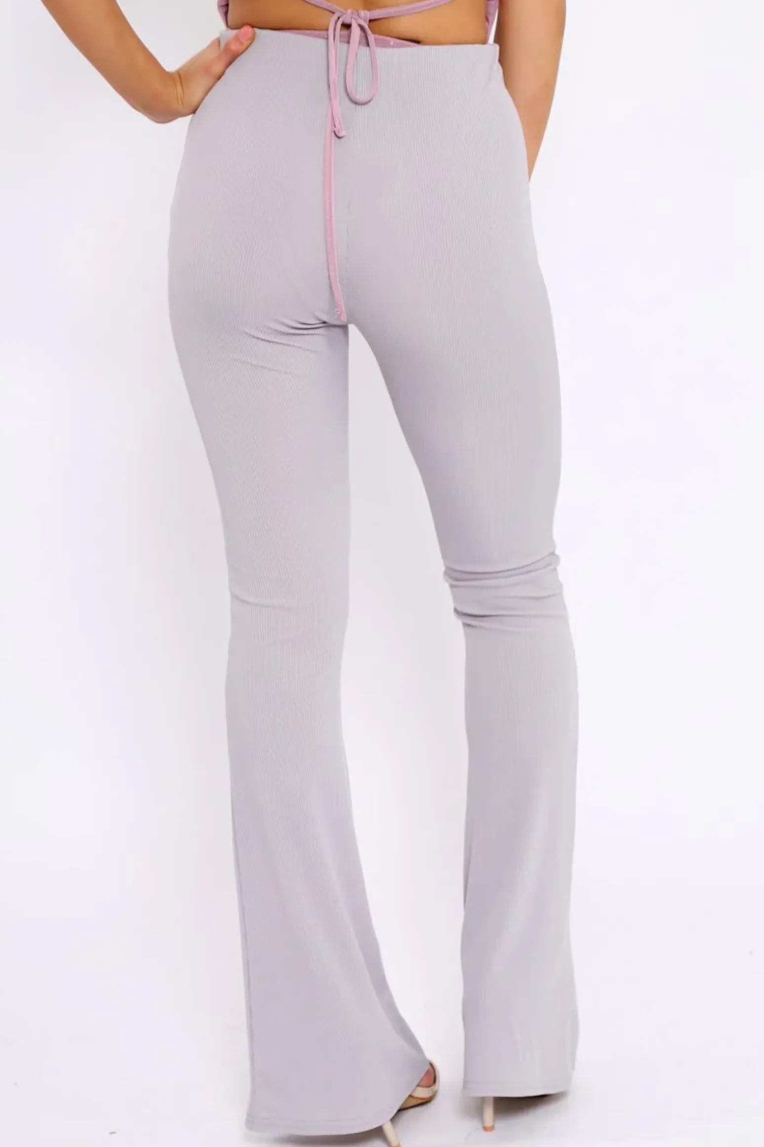 Rebellious Fashion Grey Ribbed Kick Flare Trousers - Chlo