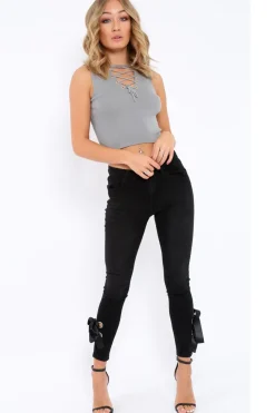 Rebellious Fashion Grey Ribbed Lace up Crop Top - Laylia