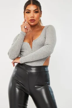 Rebellious Fashion Grey Ribbed Plunge High Cut Bodysuit - Fawn