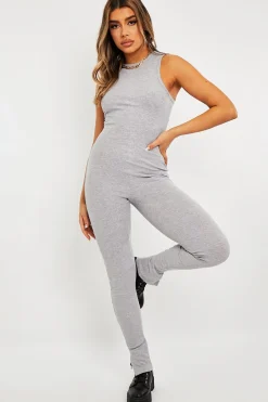 Rebellious Fashion Grey Ribbed Racer Neckline Jumpsuit - Kila