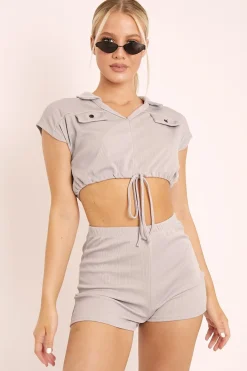 Rebellious Fashion Grey Ribbed Tie Front Crop Top and Shorts Loungewear Co-ord - Teddie